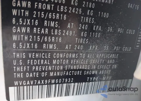 2015 Volkswagen Tiguan S from USA, damaged, VIN WVGAV7AX9FW607932